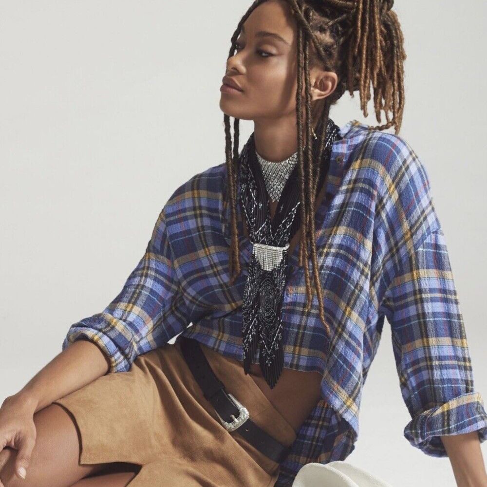 Pilcro Cropped Plaid Blouse Petite Puff-Sleeve Ruffle Collar Long Sleeve XSP